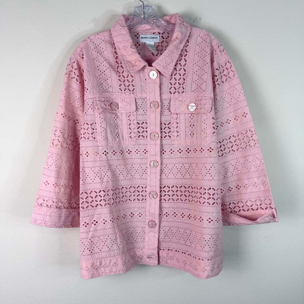 Draper's & Damon's Shirt Women 2X Pink Eyelet Button Front Cotton 3/4 Sleeve